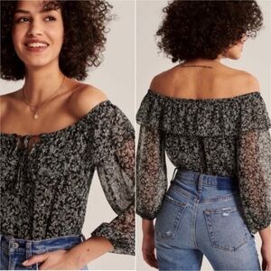 •ABERCROMBIE• black floral off-shoulder bodysuit